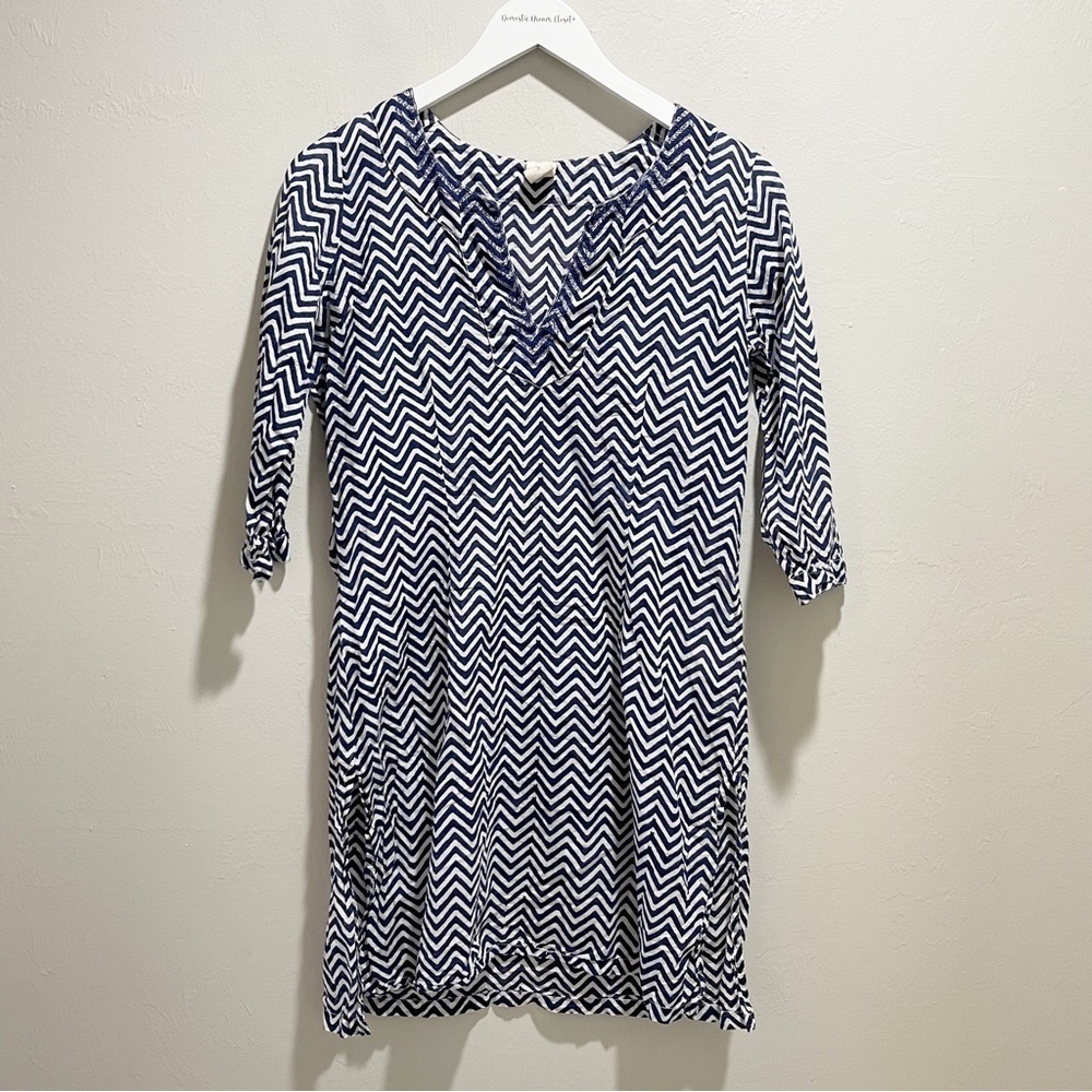 YALA Women’s Blue Zig Zag Stripe Organic Cotton Tunic Top Embroidered Size Small